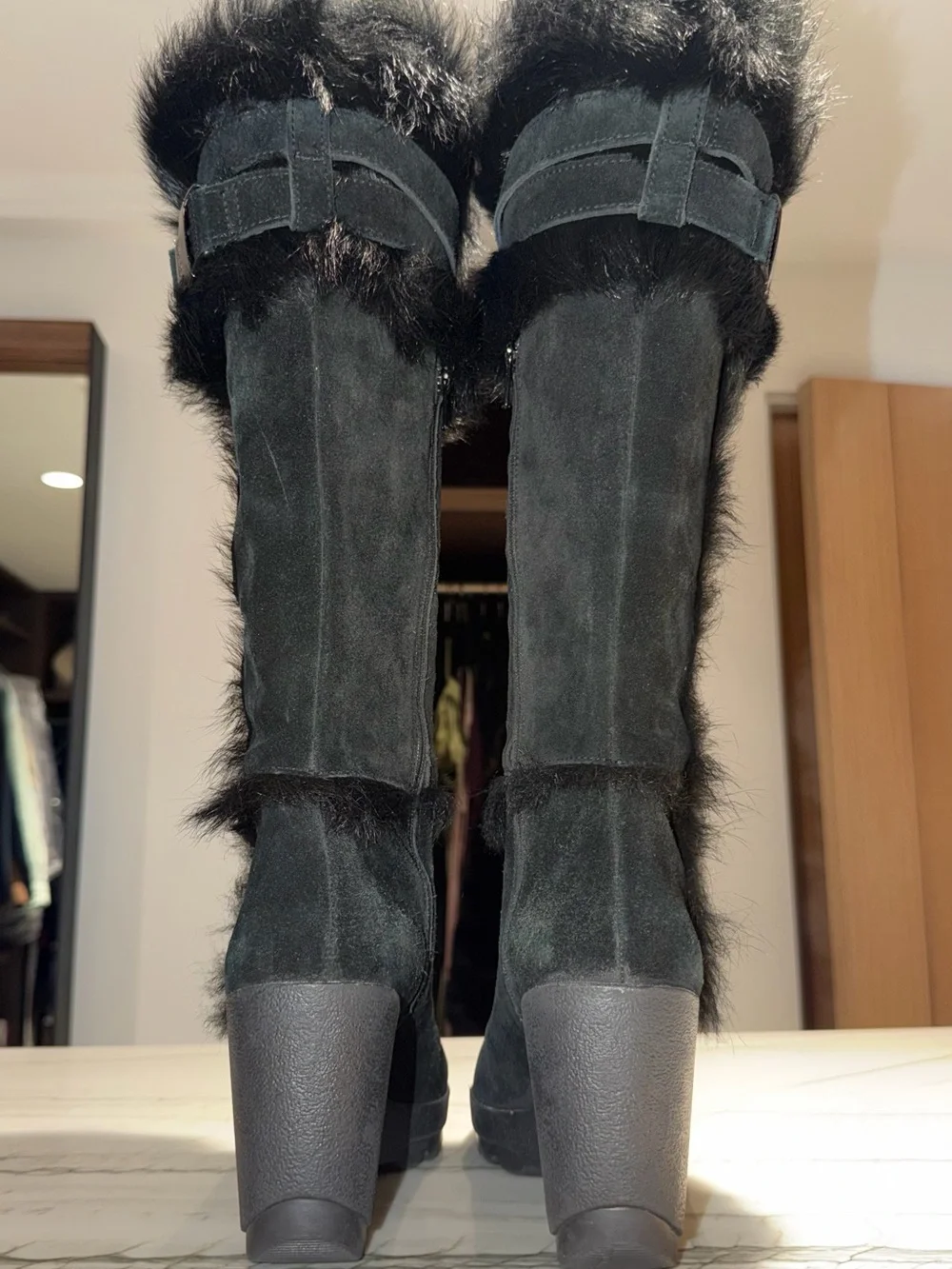 Coach Black Suede Wedge Knee Boots with Faux Fur Trim